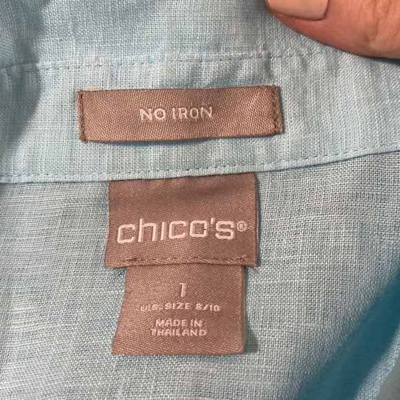 Chico’s No-Iron Linen 3/4 sleeve sheer Shirt in bright baby blue size US 10 - Picture 10 of 12